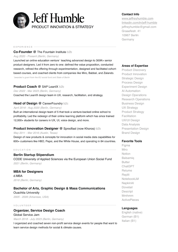 A professional resume for Jeff Humble with a black and white photo, including sections for experience, education, volunteer work, contact info, areas of expertise, favorite tools, and languages, all organized in a clean, minimalist layout.